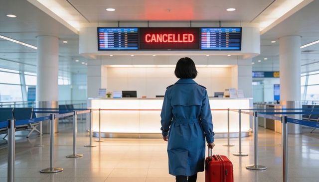 Solo traveler walking toward cancelled departures board pulling red suitcase in airport