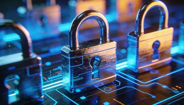 Protecting Data with Metallic Padlock on Neon Circuit Board Representing Cybersecurity