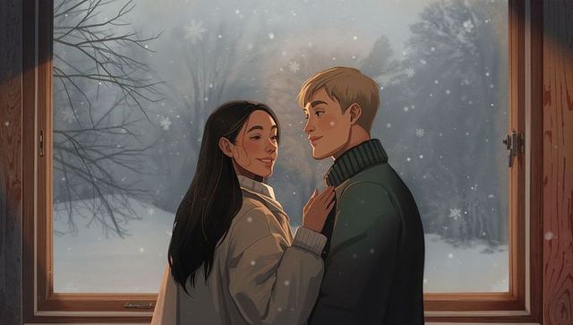 Couple gazing through frosted window on snowy evening, cozy winter romance, warm glow