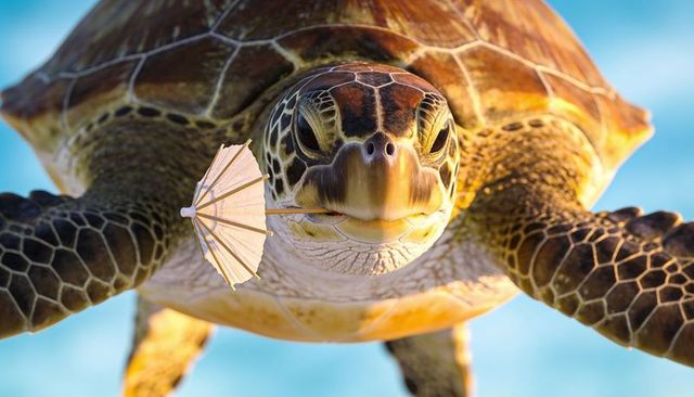 Green sea turtle holding paper parasol swimming toward camera in sunlit tropical water