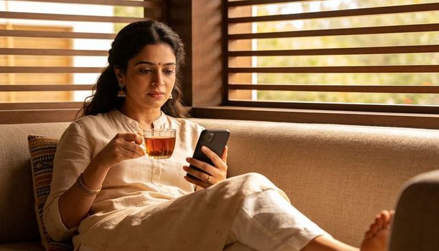 Indian woman sipping tea and scrolling smartphone on sunlit minimalist sofa