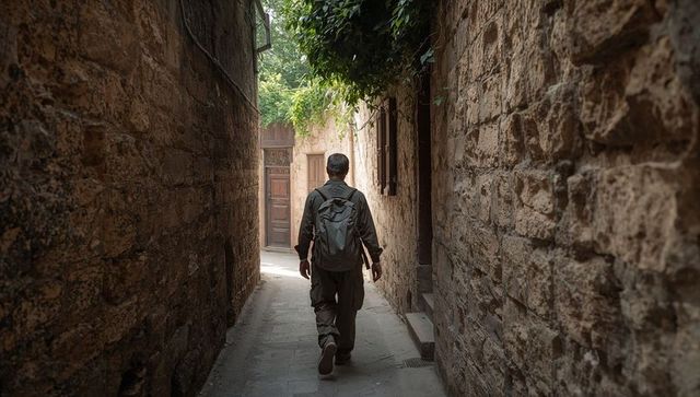 Walking male traveler carrying backpack down narrow stone alley toward sunlit wooden door
