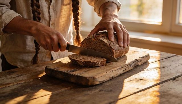 Slicing rustic whole grain loaf on sunlit wooden cutting board near window, hands cutting