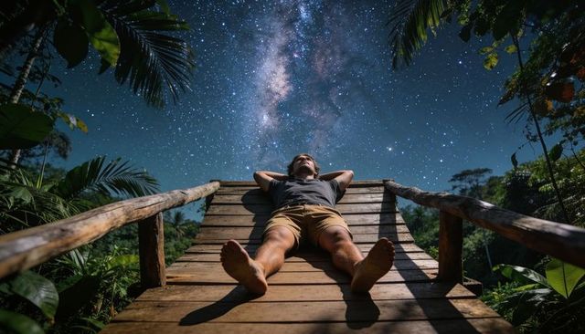 Man lying on wooden deck stargazing under milky way over tropical jungle night sky