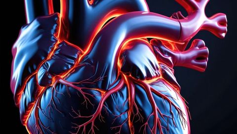 Stylized glowing human heart with coronary arteries, cardiovascular diseases theme