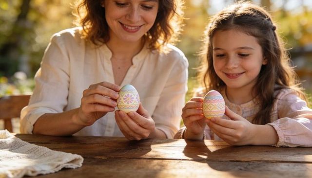 Mother and daughter decorating pastel easter eggs at golden hour on backyard wooden table