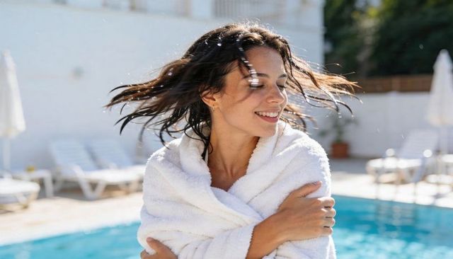 Sunlit woman wrapping herself in white towel at poolside enjoying breeze and swim glow