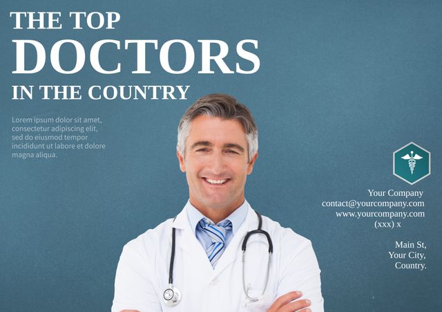 Confident Doctor with Stethoscope Promoting Top Medical Services - Download Free Stock Templates Pikwizard.com