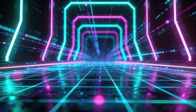 Neon cyber tunnel racing through glowing grid corridor with synthwave cyberpunk vibes