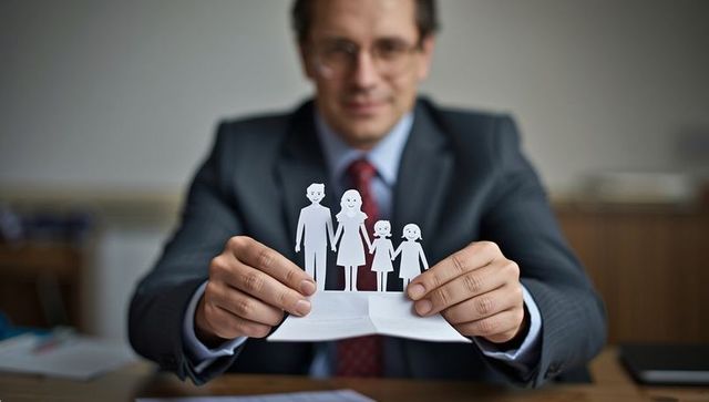 Business professional holding paper family cutout symbolizing care