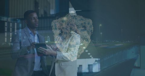 Innovative Professionals Interacting with Futuristic Shield Icon