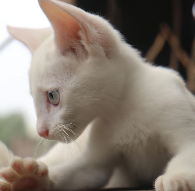 This image features a close-up view of a white kitten with striking blue eyes, relaxing and looking down with a focused gaze. Perfect for use in pet care websites, cat lovers' blog posts, animal behavior studies, and veterinary publications. It can also be used in promotional materials for pet products and ads for pet adoption services due to the compelling and adorable nature of the kitten's expression.