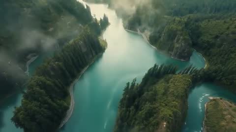 Drone Adventuring Over Misty Turquoise River Canyon