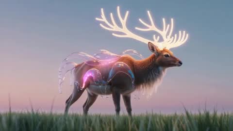 Mythical Luminescent Stag with Neon Antlers in Enchanted Dusk