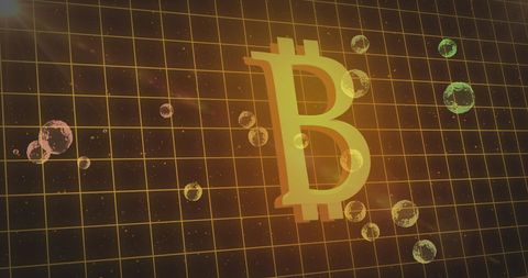 Bitcoin symbol amidst floating bubbles and network grid