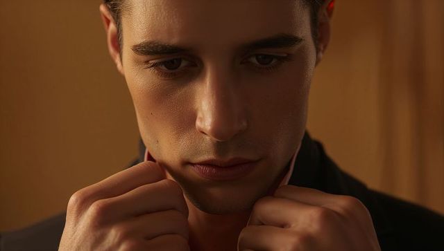 Refined gentleman adjusting collar closeup portrait for menswear and grooming campaigns