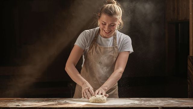 Smiling baker kneading dough on flour-dusted wooden table, artisan hands creating loaf