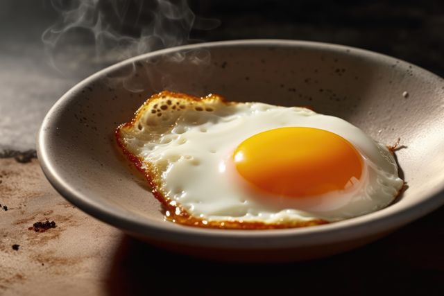 A freshly cooked fried egg steams in a ceramic bowl. Captured in a home or restaurant kitchen, the image emphasizes a simple yet classic breakfast dish.