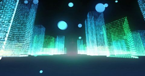 Pulsing hologram cityscape with neon wireframe towers and glowing orbs in cyberpunk grid