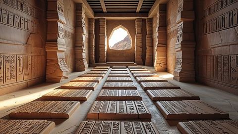 Ancient temple interior with hieroglyphic slabs and sunlit shadows