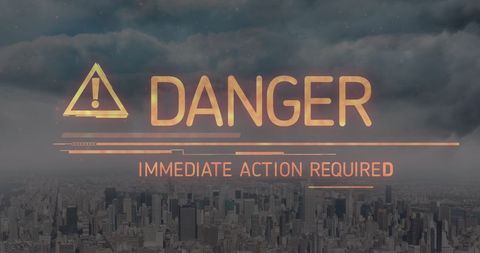 Urgent danger alert over cityscape with storm clouds