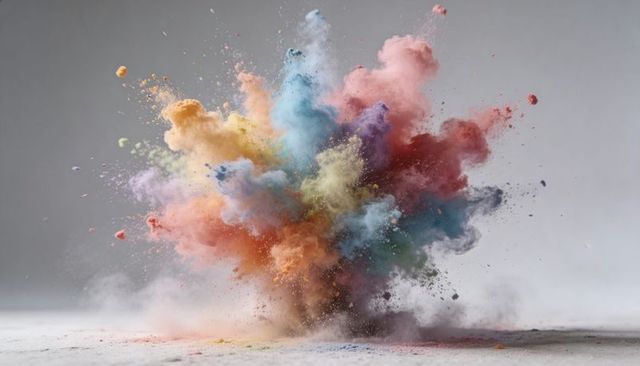 Bursting multicolored powder cloud creating vibrant pigment explosion and airborne dust