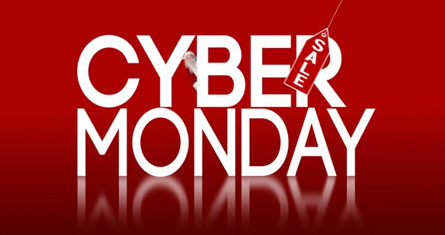 Graphic showing 'CYBER MONDAY' text in white on red background with a red sale tag hanging from the letter 'Y.' Perfect for promoting online holiday sales, e-commerce events, or digital marketing campaigns during the Cyber Monday shopping season.