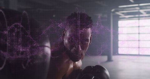 Male Boxer Training in High-Tech Environment with Digital Effects