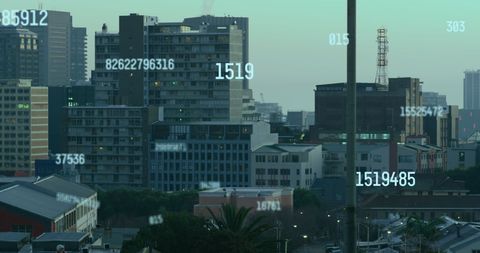 Digital numbers overlay on urban cityscape technology concept