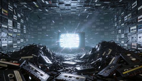 Crt television emitting static in retro cassette vault with tangled magnetic tape tunnel