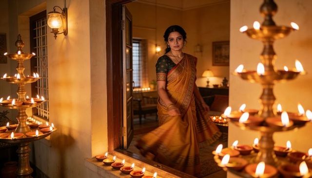 Woman in mustard saree stepping through doorway amid brass lamps and diyas, warm festival glow