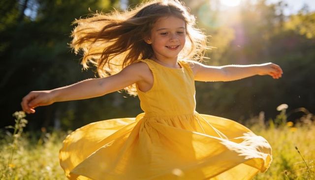 Young girl twirling in yellow dress spinning through sunlit meadow at golden hour