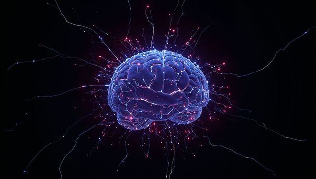 Holographic brain neural network emitting pulsing filaments and glowing synapse nodes