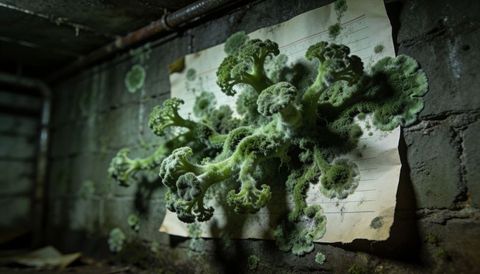 Velvety green mold creeping across aged lined paper on damp basement brick wall