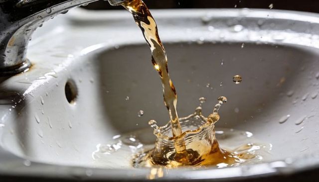Brown water pouring from faucet into ceramic sink creating splash crown