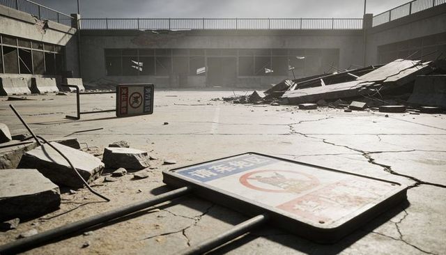 Lying traffic sign on cracked rooftop parking deck with exposed rebar and rubble