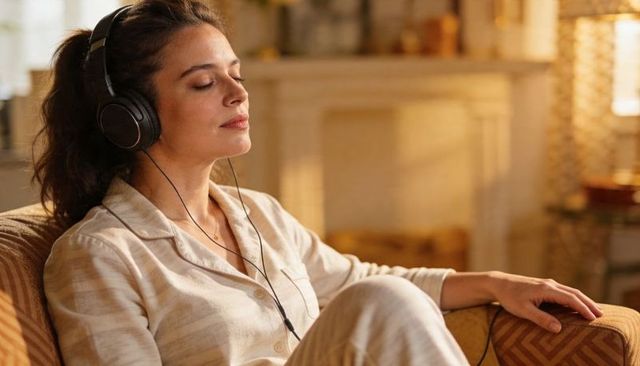 Woman listening to music in pajamas relaxing on armchair with headphones near fireplace