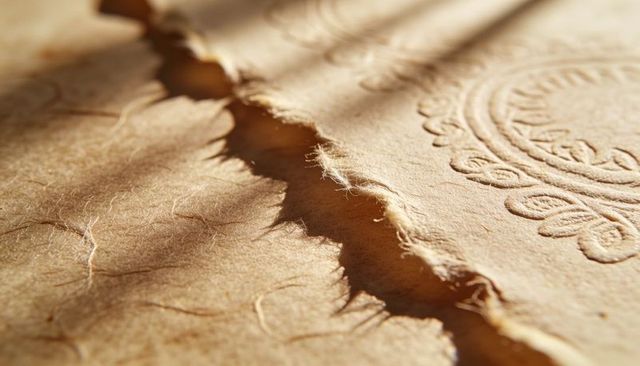 Torn handmade paper with deckled edge and embossed medallion closeup texture warm sunlit macro