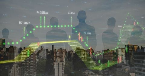 Financial Growth Graphs Over City and Businesspeople Silhouettes