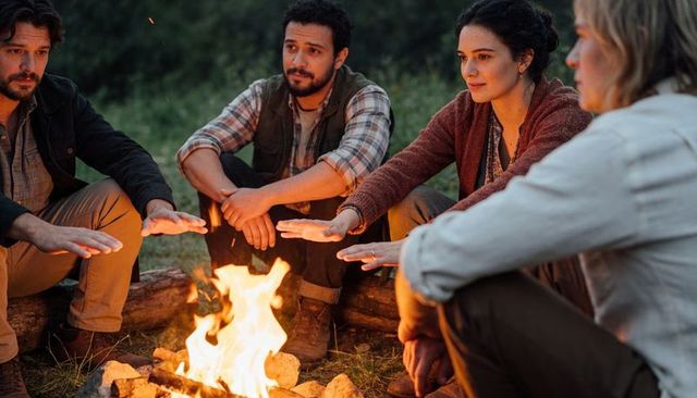 Friends warming hands around campfire at dusk in grassy clearing