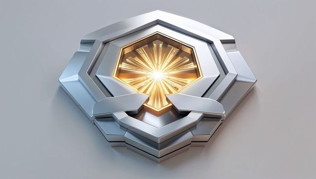Futuristic metallic emblem with glowing starburst center