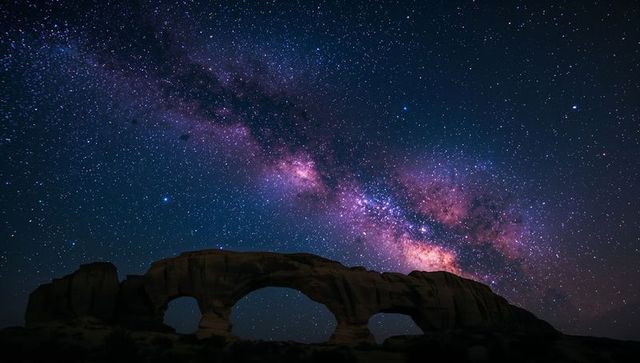 Vibrant milky way over sandstone arch in desert night