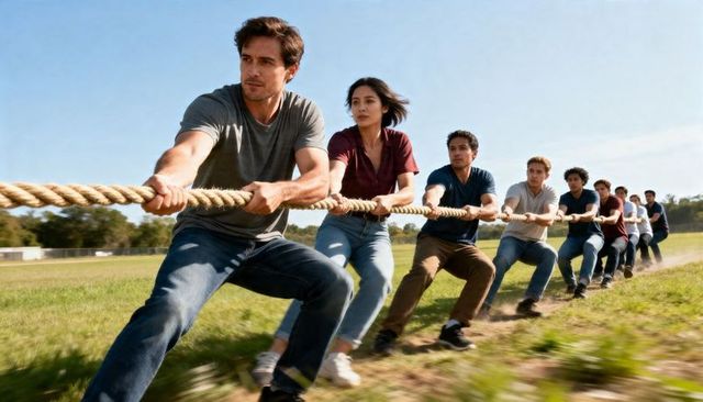 Team pulling rope in outdoor tug-of-war demonstrating strength teamwork and determination