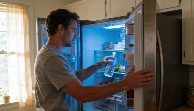 Young man grabbing chilled water bottle from open stainless refrigerator in home kitchen