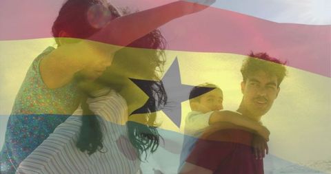 Family enjoying sunny beach day with ghana flag overlay, parents giving piggyback rides