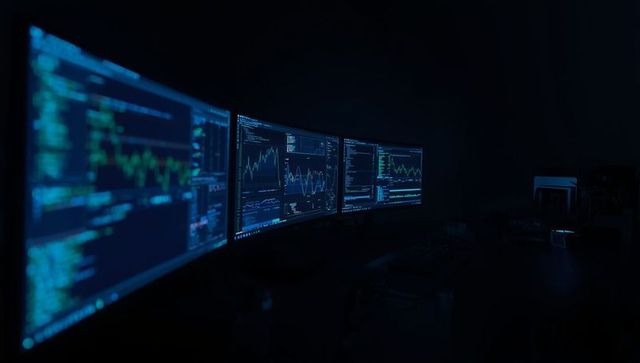 Monitors displaying code and graphs in dark home office setting