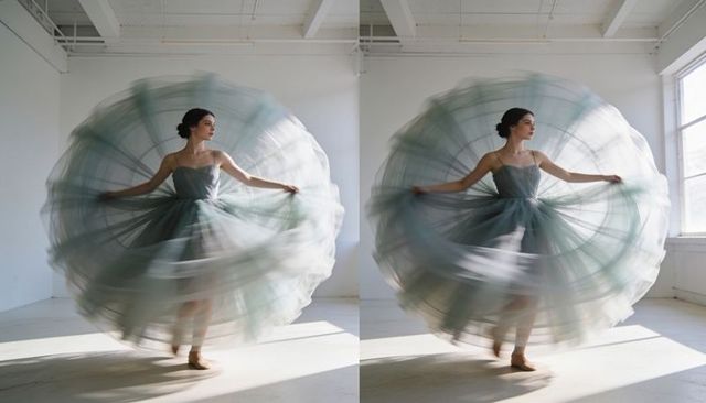 Ethereal ballerina spinning in full tulle gown, motion-blur diptych in sunlit studio