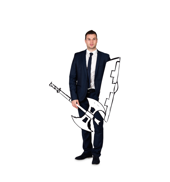 Caucasian Businessman Holding Cartoon Axe and Shield on Transparent Background - Download Free Stock Videos Pikwizard.com