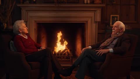Senior Couple Enjoying Conversation by Fireplace