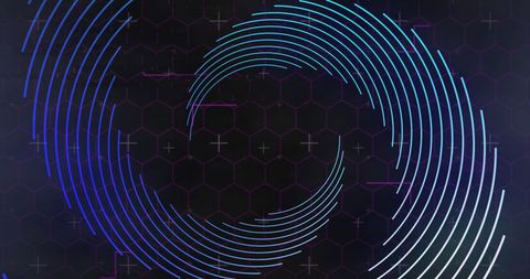 Futuristic spinning lines against hexagonal pattern